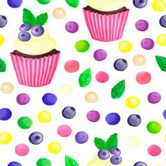 pattern of watercolor colored dots cupcake with blueberries