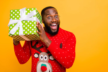 Close-up portrait of his he nice attractive cheerful cheery glad funny funky guy having fun cool...