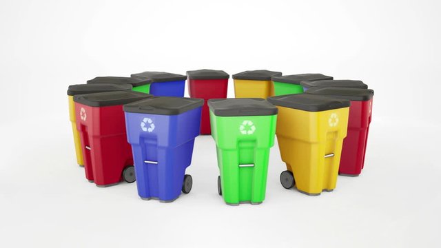 Many color plastic garbage bins with recycling logo. Isolated on white background, staked on circle. 60 fps endless loop animation.