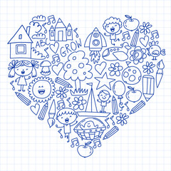 Time to adventure. Imagination creativity small children play nursery kindergarten preschool school kids drawing doodle icons pattern, play, study, learn with happy boys and girls Let's explore space