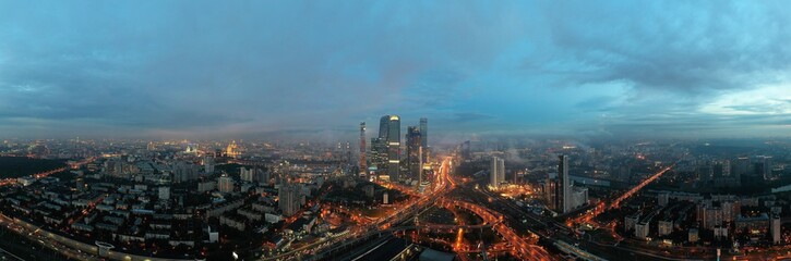 Aerial panoramic photo of cityscape in the evening