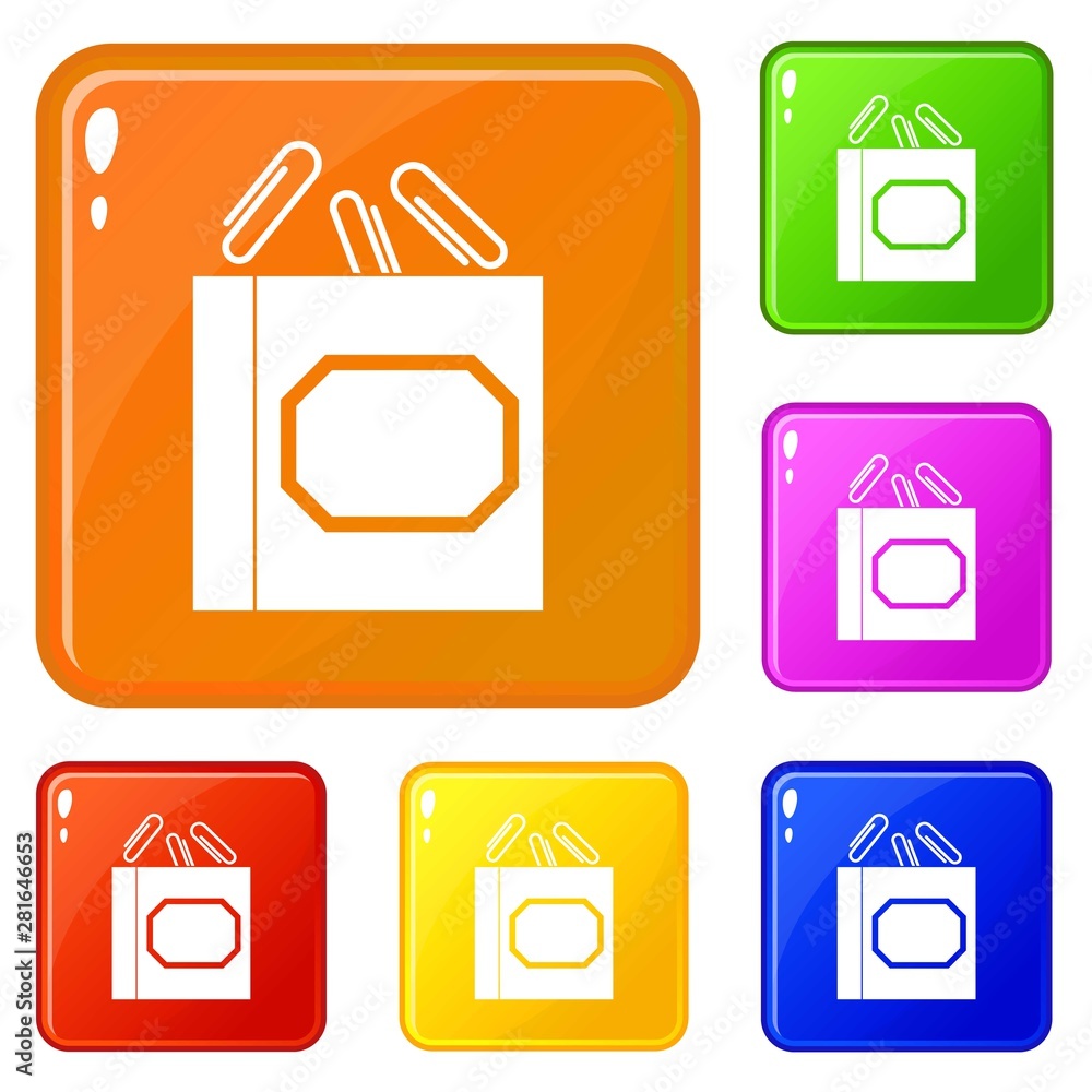 Poster paper clips box icons set collection vector 6 color isolated on white background