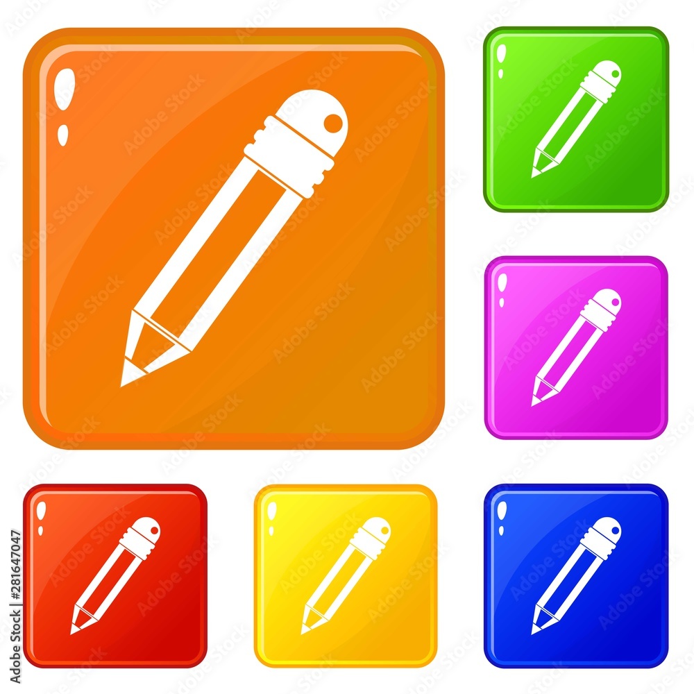 Poster pencil with eraser icons set collection vector 6 color isolated on white background