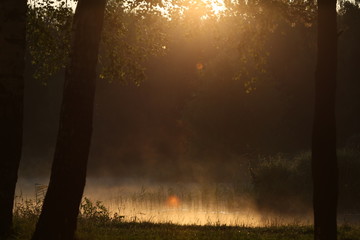 The morning mist and sunrise sunlight reflects on the surface of water in a lake