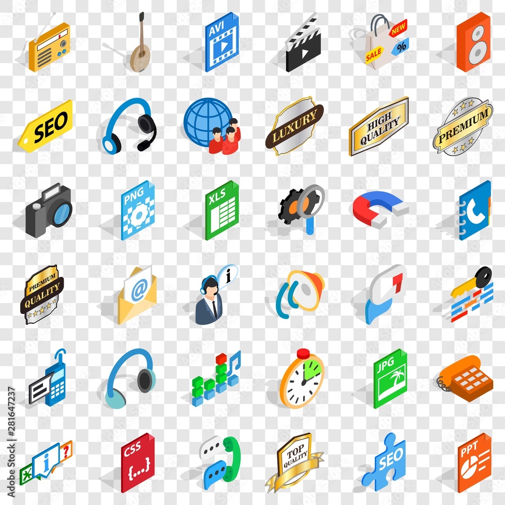 Poster modem icons set. isometric style of 36 modem vector icons for web for any design
