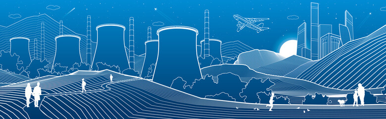 Outline industry illustration panoramic. Night city scene. People walking at garden. Power Plant in mountains. White lines on blue background. Vector design art