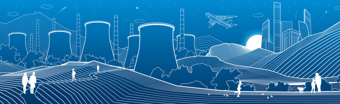 Outline industry illustration panoramic. Night city scene. People walking at garden. Power Plant in mountains. White lines on blue background. Vector design art