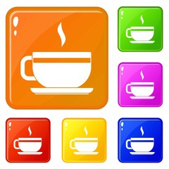 Tea cup and saucer icons set collection vector 6 color isolated on white background