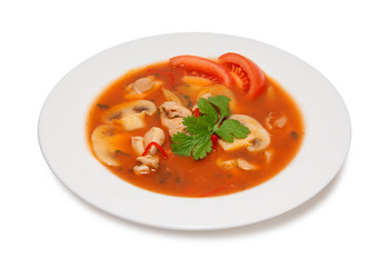  chicken soup with mushrooms tomatoes and bell peppers isolated on white background 
