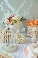 Fototapeta na wymiar Sweets, nuts in sugar, marshmallows, meringue - candy bar at the wedding. Decor, sweet table