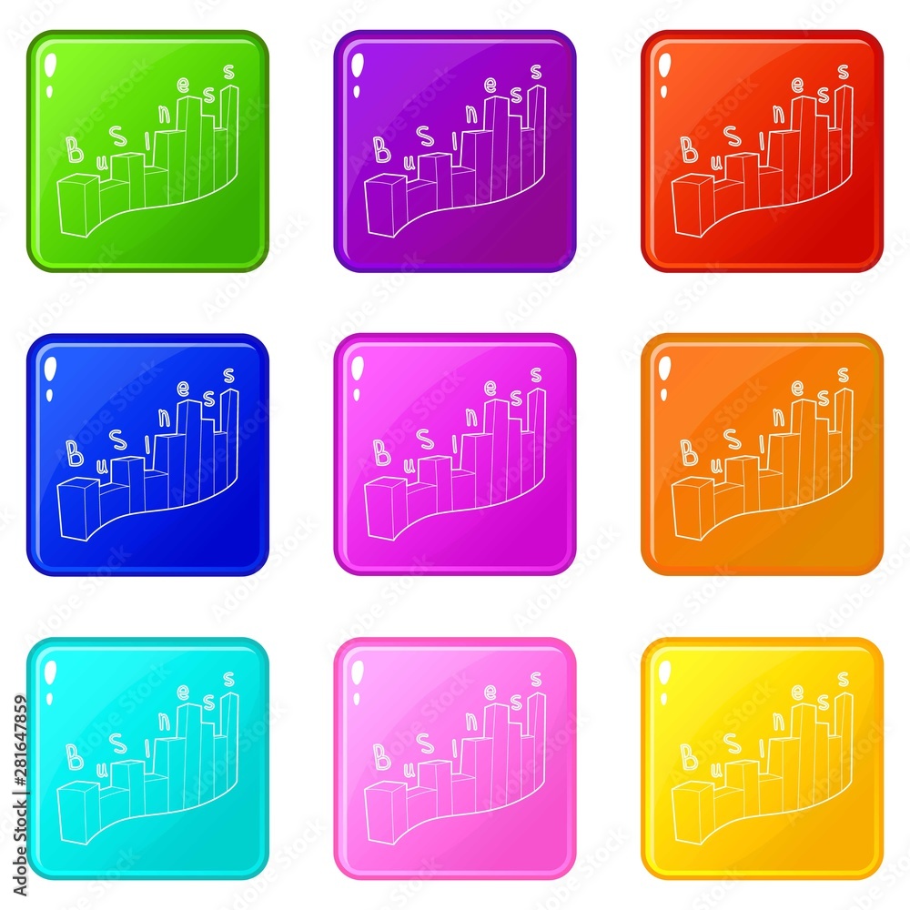 Poster business graph icons set 9 color collection isolated on white for any design