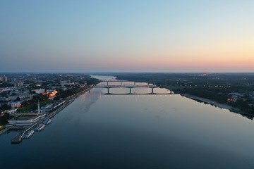 Aerial photo of bridges over the river on the dawn