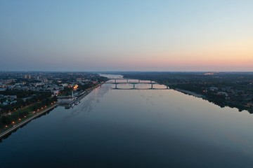 Aerial photo of bridges over the river on the dawn