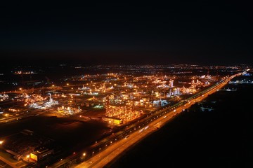 Night aerial photo of an industrial cityscape