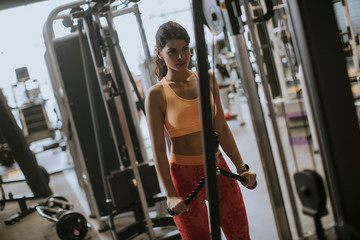 Fototapeta na wymiar Young sporty woman working out on pull-down machine in gym
