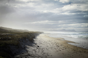 Misty morning on the beach of New Zealand. Couple walking into the distance.