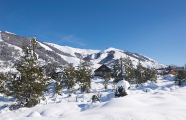 Fototapeta na wymiar View of the ski center in winter season, Cerro Catedral, San Carlos de Bariloche, Patagonia, Argentina. 