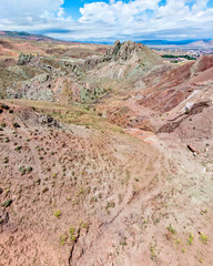 Aerial view of the plateau around Mount Ararat, mountains and breathtaking landscapes. Grazing cows. Eastern Turkey on the border with Armenia and Iran