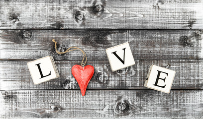 Letter LOVE wooden red heart Valentines Day banner