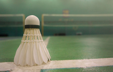 sports concept.Badminton ball (shuttlecock) ,badminton courts with no players competing modern gym in background.