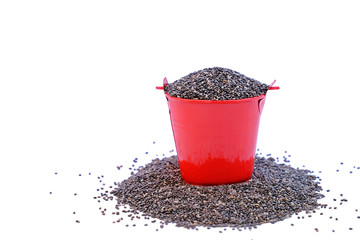 Red bucket full of Chia seeds with overflow isolate on white background. © Supratchai