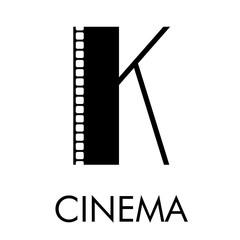 Logotipo con texto CINEMA con letra K como tira de película en color negro