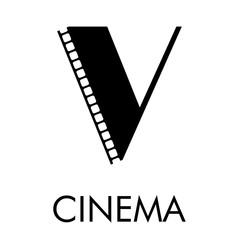 Logotipo con texto CINEMA con letra V como tira de película en color negro