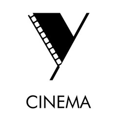 Logotipo con texto CINEMA con letra Y como tira de película en color negro