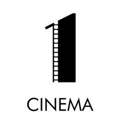 Logotipo con texto CINEMA con número 1 como tira de película en color negro