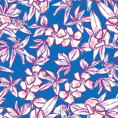 Vector seamless repeat pattern with flowers in purple and pastel pink on cobalt blue background. Hand drawn fabric, gift wrap, wall art design.