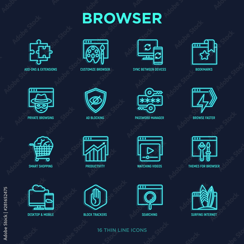 Poster browser neon thin line icons set: add-ons, extension, customize browser, sync between devices, bookm