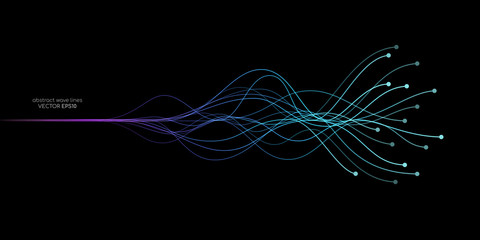 AI Artificial intelligence wave lines neural network purple blue and green light isolated on black background. Vector in concept of technology, machine learning, A.I.