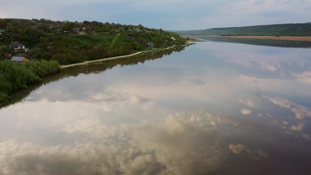 Flight over the river aat spring time. Dniester river of Moldova republic.