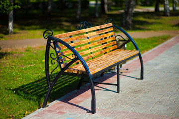 Beautiful wooden bench in the Park, against the background of greenery. Trash can next to the bench. Summer