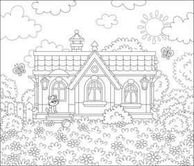 Small village house and a cute little kitten watching funny butterflies flittering among flowers on a lawn on a sunny summer day, black and white vector illustration in a cartoon style for a coloring 