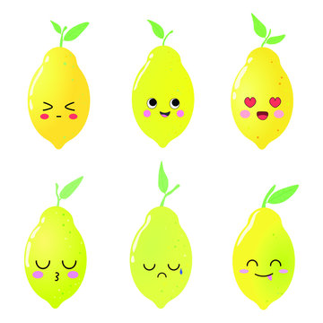Vector illustration. Cute, funny, beautiful set with  cartoon lemons. Lemons with kawaii emotions. White background. 