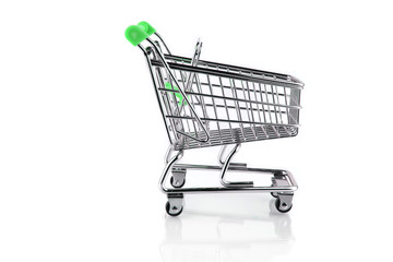 Green grocery shopping cart. Isolated on white background.