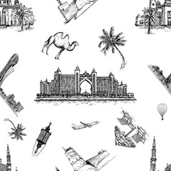 Seamless pattern of hand drawn sketch style United Arabian Emirates related objects isolated on white background. Vector illustration.