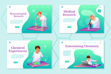 Chemistry theme landing pages set. Scientific lab workers flat illustrations set