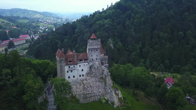 Aerial panorama view of the medieval Bran Castle , Dracula Castle in Brasov, Transylvania. Romania.