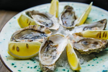 fresh and delicious oysters with lemon lie on a plate in a restaurant