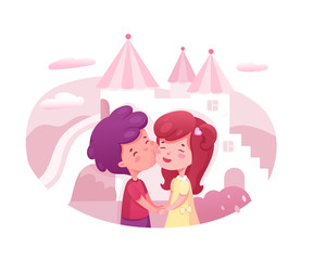 Little boy and girl kissing flat illustration