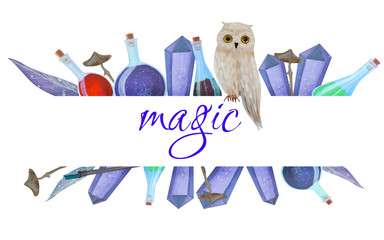 Magic logo violet frame with white owl and crystals - obrazy, fototapety, plakaty