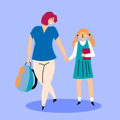 Mom escorts daughter to study in first grade. Back to school. Editable Vector Illustration