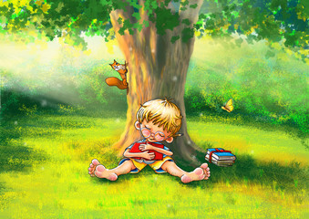 Bücherliebe - Der kleine Leser sitzt barfuß an einen Baum gelehnt im Abendrot. Er ist sanft eingeschlafen im Park und hält ein rotes Buch, dass er liebt fest umarmt. Die Brille sitzt leicht schief.