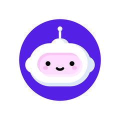 Cute robot which symbolizes online chatbot or voice support service bot for artificial intelligence or virtual assistant concept. Modern flat style cartoon character for simple logo or icon