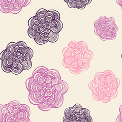 Floral seamless pattern with hand drawn roses. Pink flowers on bright background.