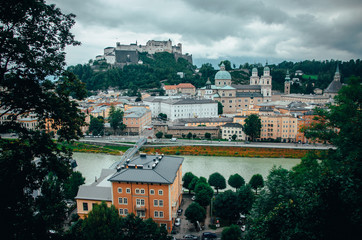 Obraz premium op view of the Salzach river and the old city in center of Salzburg, Austria, from the walls of the fortress / Festung Hohensalzburg