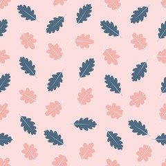 Seamless pattern with pink and blue oak leaves