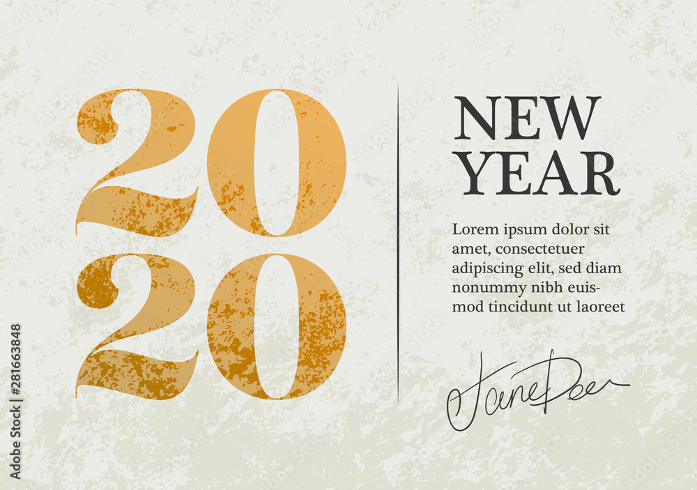 Wall mural New Year 2020 Greeting Card Design. Gold 2020 Christmas Eve Card Vector Design Template.